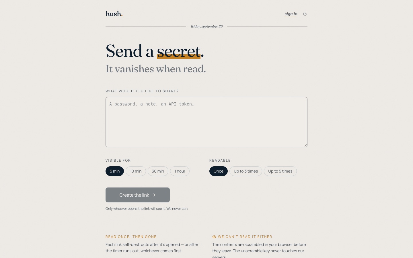 HushShare: create a self-destructing secret link